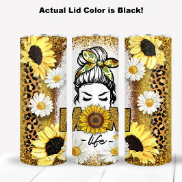 Sonnenblumen und Daisy-Blume mit Mama Life Thema Thermosbecher