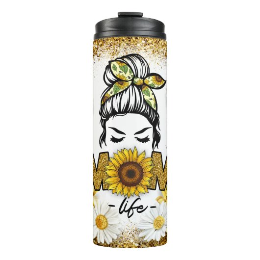 Sonnenblumen und Daisy-Blume mit Mama Life Thema Thermosbecher (Vorderseite)