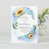 Sonnenblumen und Dusty Blue Hydrangea Blumenbeerdi Einladung (Stehend Vorderseite)