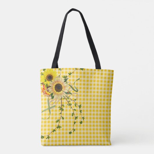 Sonnenblumen und Efeu-Bouquet auf gelbem Gingham Tasche (Rückseite)