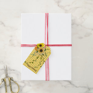 Sonnenblumen und Efeu-Bouquet auf Gingham Geschenkanhänger