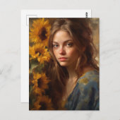 Sonnenblumen und eine Blondine Postkarte (Vorne/Hinten)