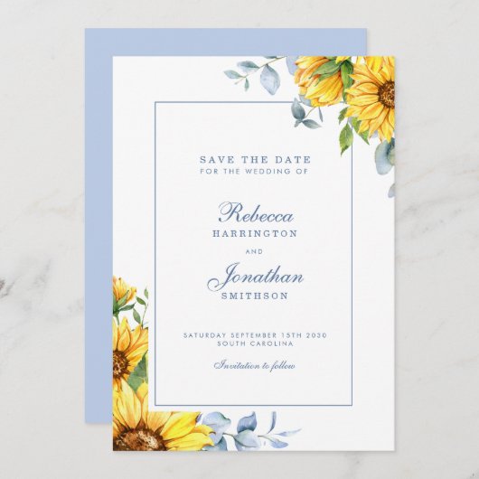 Sonnenblumen und Eukalyptus Blue Wedding speichern Save The Date (Vorne/Hinten)