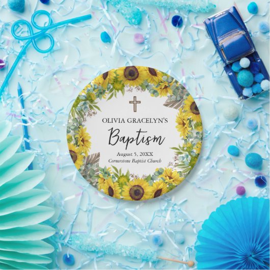 Sonnenblumen und Eukalyptus Boho Cross Taufe Pappteller (Party)