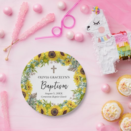 Sonnenblumen und Eukalyptus Boho Cross Taufe Pappteller (Party)