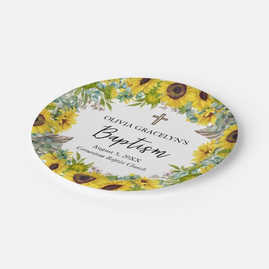 Sonnenblumen und Eukalyptus Boho Cross Taufe Pappteller (Schrägansicht)