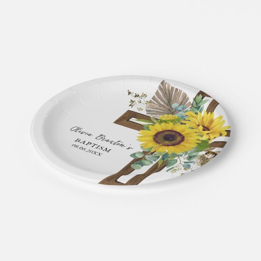 Sonnenblumen und Eukalyptus Boho Taufe Papierplatt Pappteller (Schrägansicht)