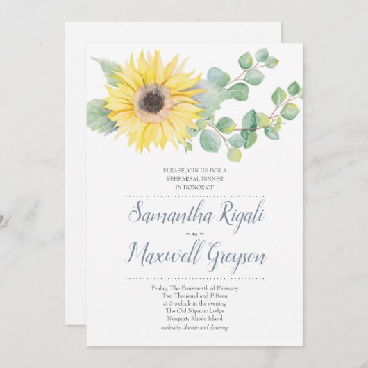 Sonnenblumen und Eukalyptus Hochzeit Probe Abendes Einladung (Vorne/Hinten)