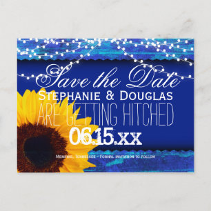 Sonnenblumen und Fairy Lights Blau Save the Date Ankündigungspostkarte
