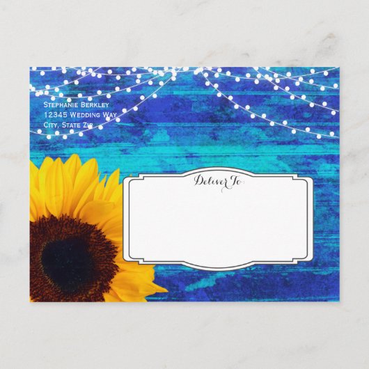 Sonnenblumen und Fairy Lights Blau Save the Date Ankündigungspostkarte (Rückseite)