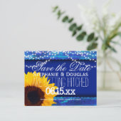 Sonnenblumen und Fairy Lights Blau Save the Date Ankündigungspostkarte (Stehend Vorderseite)