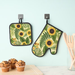 Sonnenblumen und Farne Wasserfarbe Ofenhandschuh & Topflappen-Set