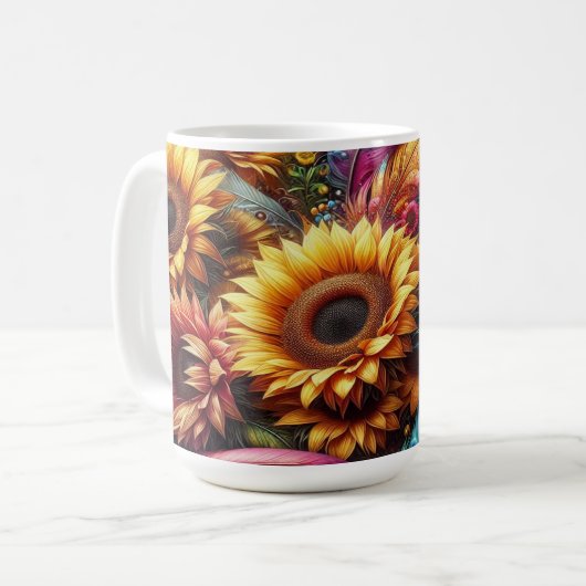 Sonnenblumen und Federn Kaffeetasse (Vorderseite Links)
