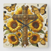 Sonnenblumen und flatternde gelbe Schmetterlinge. Quadratische Wanduhr (Vorderseite)