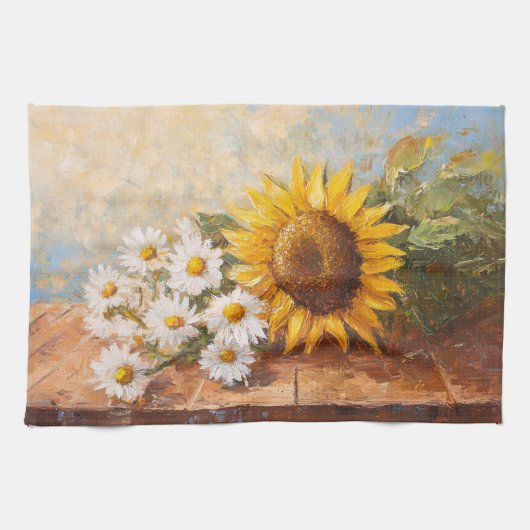Sonnenblumen und Gänseblümchen auf rustikalem Tisc Geschirrtuch (Horizontal)