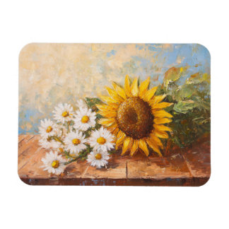 Sonnenblumen und Gänseblümchen auf rustikalem Tisc Magnet
