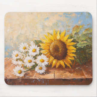 Sonnenblumen und Gänseblümchen auf rustikalem Tisc Mousepad