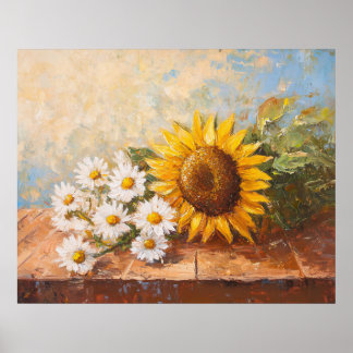 Sonnenblumen und Gänseblümchen auf rustikalem Tisc Poster