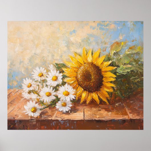 Sonnenblumen und Gänseblümchen auf rustikalem Tisc Poster (Vorne)