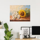 Sonnenblumen und Gänseblümchen auf rustikalem Tisc Poster (Heimbüro)