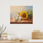 Sonnenblumen und Gänseblümchen auf rustikalem Tisc Poster (Küche)