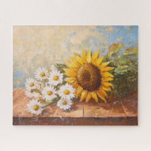 Sonnenblumen und Gänseblümchen auf rustikalem Tisc Puzzle