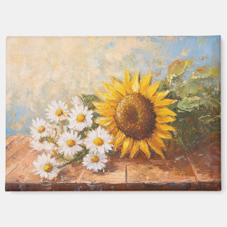 Sonnenblumen und Gänseblümchen auf rustikalen Tisc Magnet