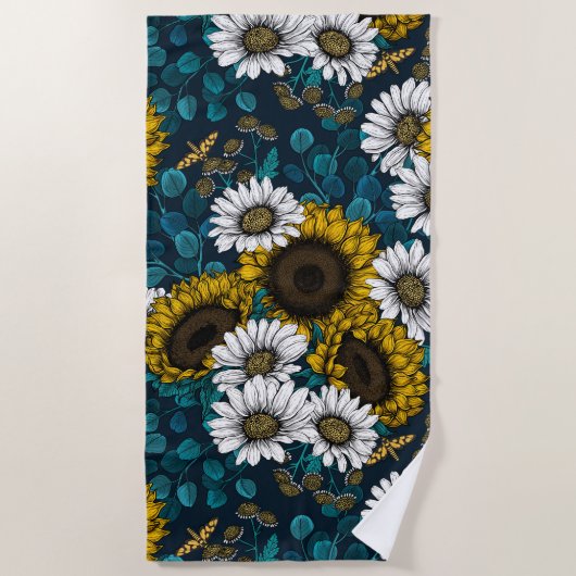 Sonnenblumen und Gänseblumen, Sommergarten 2 Strandtuch (Vorderseite)