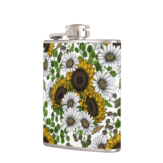 Sonnenblumen und Gänseblumen, Sommergarten 3 Flachmann (Links)