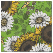 Sonnenblumen und Gänseblumen, Sommergarten Stoff (Nahaufnahme)