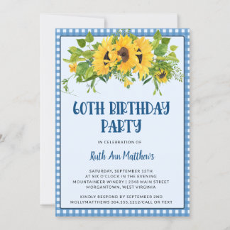 Sonnenblumen und Gingham Foto 60. Geburtstagsparty Einladung