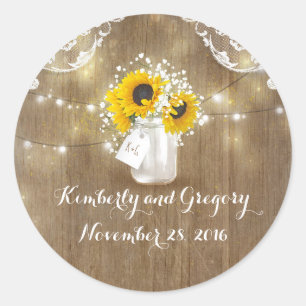 Sonnenblumen und Gipskraut Rustic Mason Jar Runder Aufkleber
