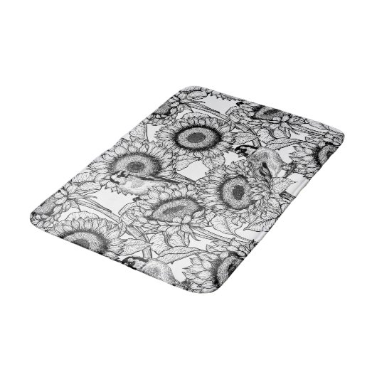Sonnenblumen und Goldschmuck in Schwarz-Weiß Badematte (Schrägansicht)