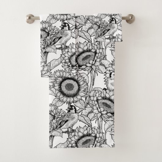 Sonnenblumen und Goldschmuck in Schwarz-Weiß Badhandtuch Set (Insitu)