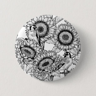 Sonnenblumen und Goldschmuck in Schwarz-Weiß Button
