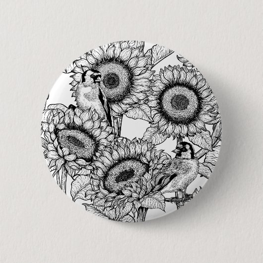 Sonnenblumen und Goldschmuck in Schwarz-Weiß Button (Vorderseite)