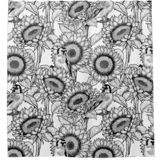 Sonnenblumen und Goldschmuck in Schwarz-Weiß Duschvorhang (Vorderseite)
