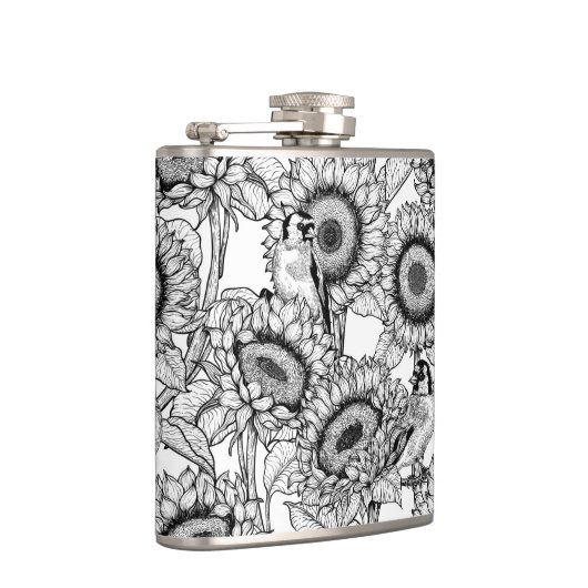 Sonnenblumen und Goldschmuck in Schwarz-Weiß Flachmann (Rechts)