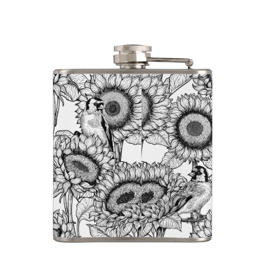 Sonnenblumen und Goldschmuck in Schwarz-Weiß Flachmann (Rückseite)