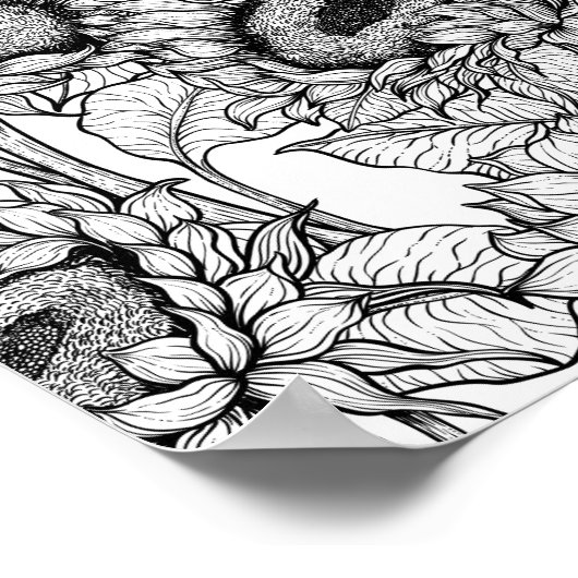 Sonnenblumen und Goldschmuck in Schwarz-Weiß Poster (Ecke)