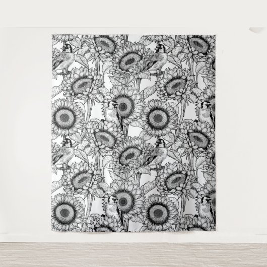 Sonnenblumen und Goldschmuck in Schwarz-Weiß Wandteppich (Vorderseite)