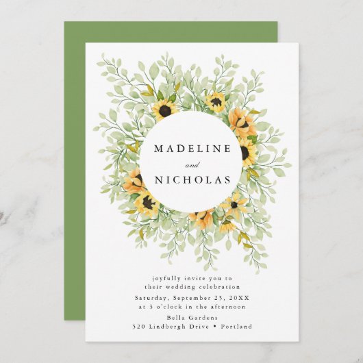 Sonnenblumen und Grüne Hochzeit Einladung (Vorne/Hinten)