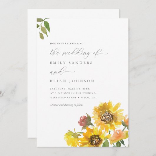 Sonnenblumen und Grünpflanzen Elegante Rustikale H Einladung (Vorne/Hinten)