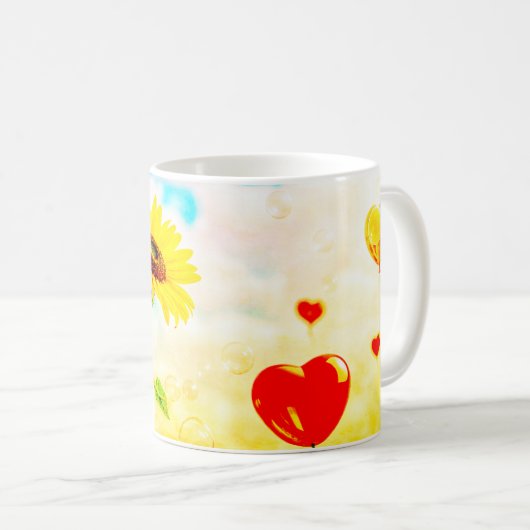 Sonnenblumen und Herzblasen Romantisches Geschenkd Kaffeetasse (VorderseiteRechts)
