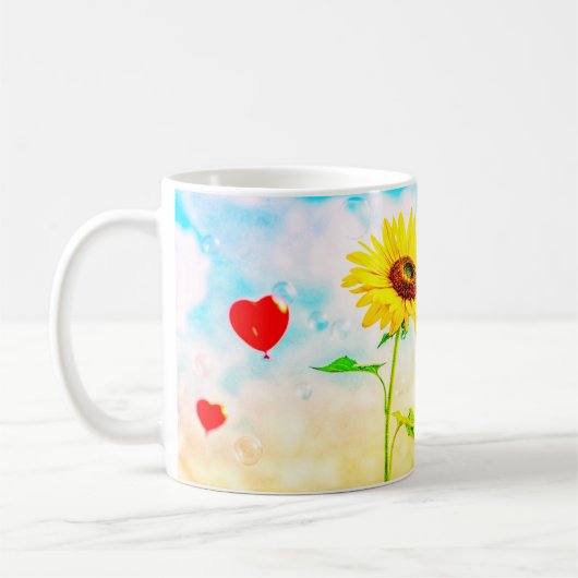 Sonnenblumen und Herzblasen Romantisches Geschenkd Kaffeetasse (Links)