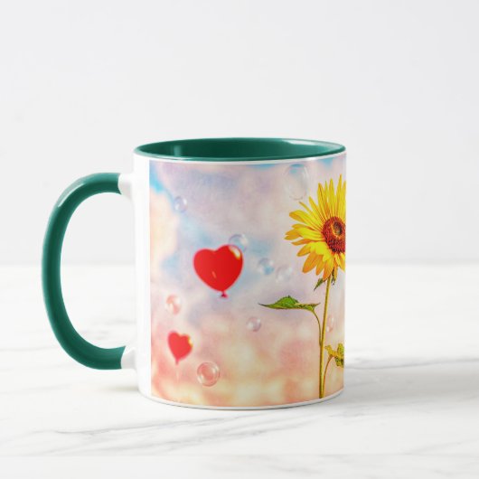 Sonnenblumen und Herzblasen Romantisches Geschenkd Tasse (Links)