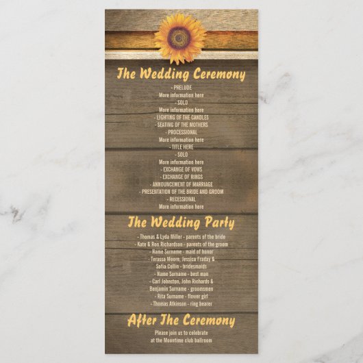 Sonnenblumen und Hochzeitsprogramme für Holzlieder Programm (Rückseite)