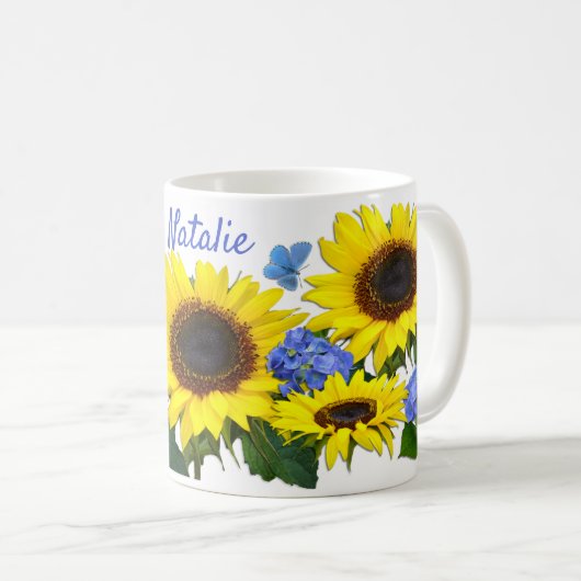 Sonnenblumen und Hydrangea-Individuelle Name Kaffe Kaffeetasse (VorderseiteRechts)