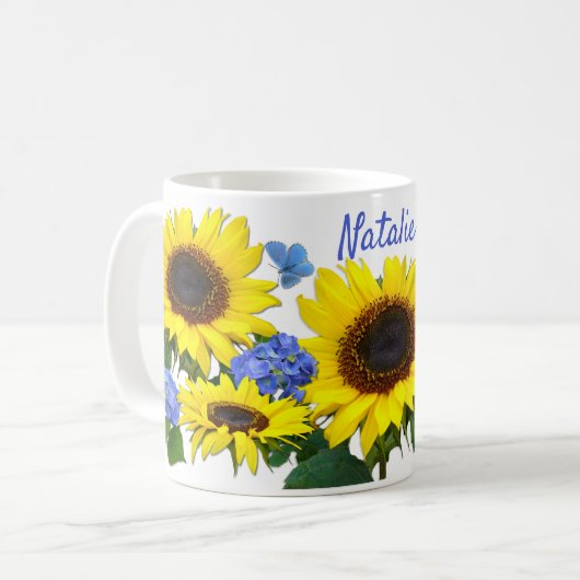 Sonnenblumen und Hydrangea-Individuelle Name Kaffe Kaffeetasse (Vorderseite Links)