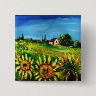 SONNENBLUMEN UND LANDSCHAFT IN TOSKANA BUTTON